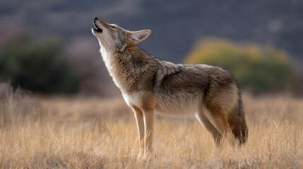 Obraz premium Coyote's Serenade: A majestic coyote lifts its head in a resonant howl, its silhouette outlined against the soft, natural light of a wide open space.