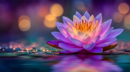A beautiful purple and white flower is floating on the surface of a body of water. The water is calm and still, and the flower is the only thing visible in the scene