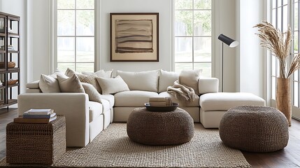 modern sectional sofa in bright living room with natural light minimal decoration for enhancing comfort spacious interior aesthetic concept.