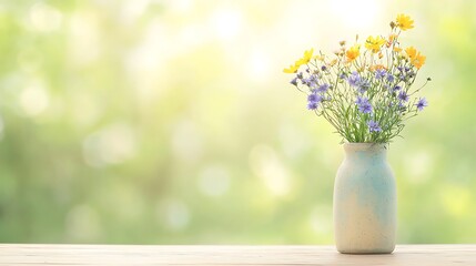Spring Flowers in Vase on Wooden Table, Bokeh Background