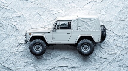 Vintage off-road vehicle parked on a textured surface with crumpled paper background showcasing its unique design