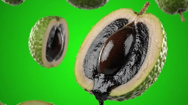 Black Sapote Fruit Exploding on Green Screen: A Visually Striking Food Presentation