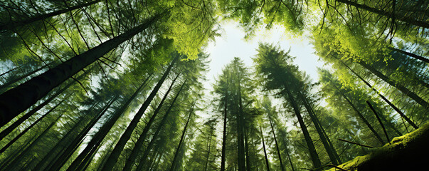 Fototapeta premium Sunlight filters through tall trees in a dense forest, creating a tranquil natural environment