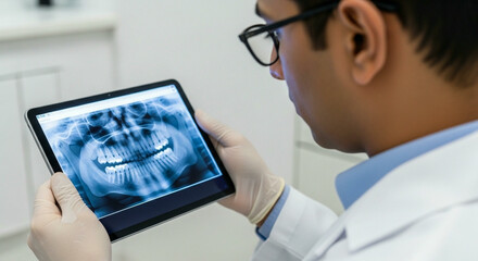 A dentist and his colleague collaborating, analyzing a patient's panoramic dental x-ray on a digital tablet
