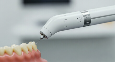 A hand holding a modern dental handpiece, possibly an intraoral scanner or polishing tool, in a clean clinical setting