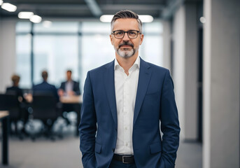 professional man in suit standing in corporate environment
