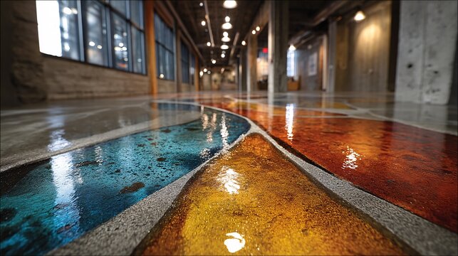 Vibrant Epoxy Floor with Colorful Design in Modern Open Space