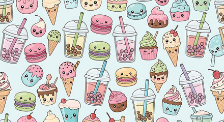 Kawaii Cute Desserts and Bubble Tea Seamless Pattern.