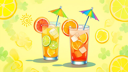 Two refreshing citrus drinks with ice and colorful umbrellas on a yellow background