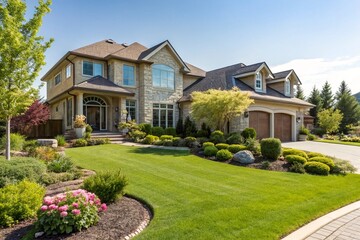 Modern luxury house with clean architecture, green lawn, windows, and garden. Residential exterior in sunny suburban neighborhood. Real estate property showcasing elegant design and landscaping.