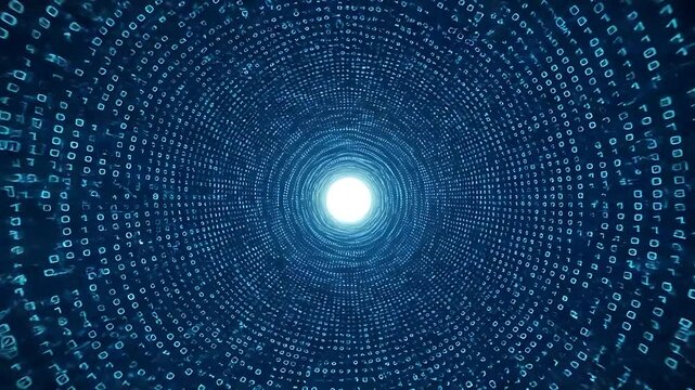 Abstract digital tunnel with binary code spiraling towards a bright center, symbolizing data flow