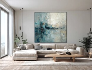 Abstract art piece, light grey and teal, hangs in a light-filled living room