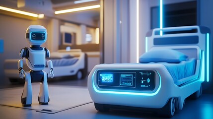 Envisions futuristic hospital room with robot assistant smart technology for enhancing patient care efficiency advanced medical environment concept.