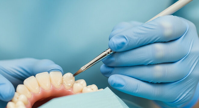 A close-up macro shot of a dental hygienist using a scaler tool to perform a professional teeth cleaning