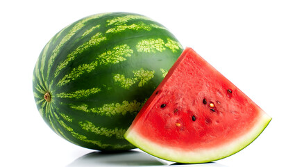 Whole watermelon and a juicy slice with black seeds on a white background