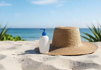 sun protection concept with lotion and hat by the sea

