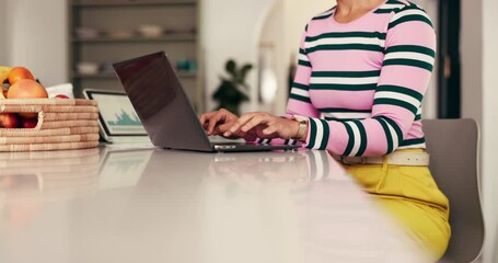 Hands, typing and woman with laptop for remote work, social media or campaign graphs in home office. Computer, writing and freelancer online for email, ads or engagement metrics for channel analytics - Powered by Adobe