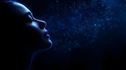 Ethereal Contemplation: A serene silhouette of a woman emerges from the inky darkness. The image portrays a state of serene reflection, evoking the mystery of the human psyche.