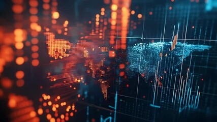 Abstract digital world map with glowing data points and graphs illustrating global trends and analytics - Powered by Adobe