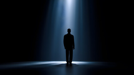 Illuminated Solitude: A silhouette of a man stands alone in the stark emptiness under the piercing beam of a single spotlight, creating a moody and atmospheric scene.