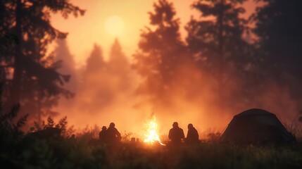 Naklejka premium Forest Camping, Friends Around Campfire at Sunset