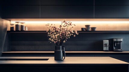modern dark kitchen interior with floral elements ambient lighting for enhancing sophisticated mood stylish cooking space aesthetic concept.
