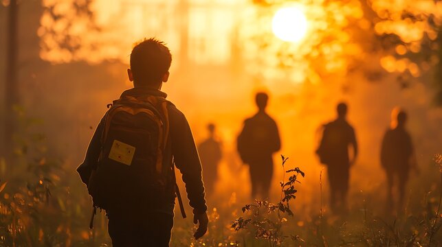 Boy Leads Friends on Sunset Hike in Golden Light