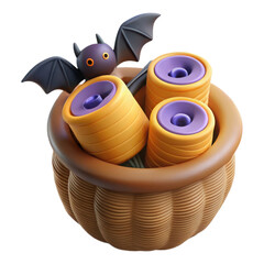 Cute cartoon bat with candy in a pumpkin basket isolated on transparent background