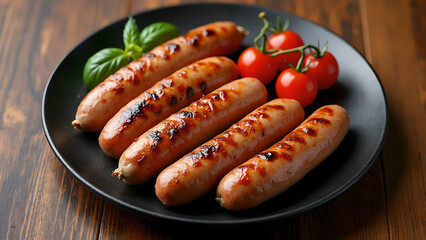 Close-up of grilled sausages on a black ceramic plate with a sprig of rosemary, fork and knife placed near a wooden table surface.