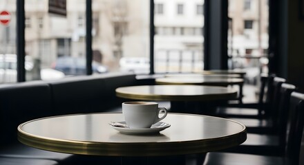 Coffee cup on a round table with golden edge in a cafe with blurred background