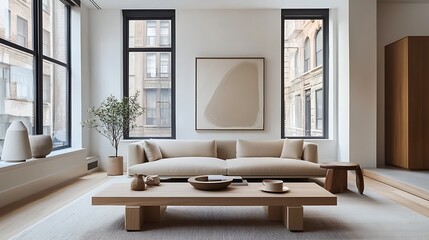 Interior designer arranges serene minimalist living room with modern furniture layout for enhancing relaxation ambience urban lifestyle city view apartment concept.