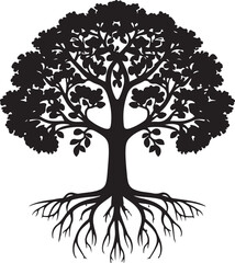 Obraz premium Silhouette Illustration of a Tree with Detailed Branches, Leaves, and Roots 