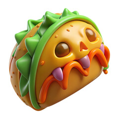 Cute and spooky cartoon taco character with sharp teeth and googly eyes isolated on transparent background