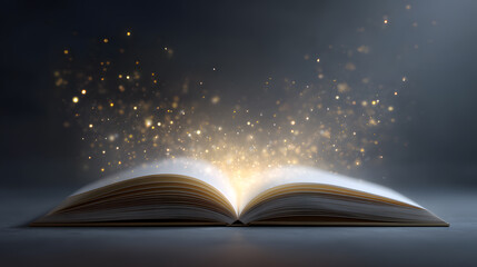 Illuminating Pages of Knowledge: An open book radiates a warm light, with shimmering particles emanating from its pages, symbolizing the boundless potential of stories and imagination.