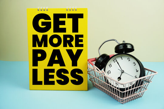 Get More Pay Less wiht mini trolley shopping cart and alarm clock on blue and yellow background