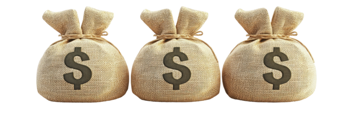 Three money bags, each containing a dollar sign