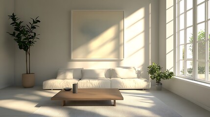 Serene minimalist living room with sunlight streaming through large windows for peaceful clean design natural light warm ambiance harmonious modern living concept.