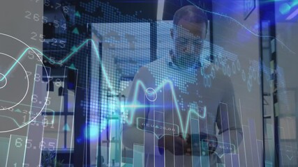 Finance professional tapping smartphone for data review, animating floating charts in corridor - Powered by Adobe