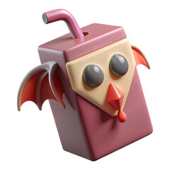 Cute cartoon bat character juice box with straw isolated on transparent background