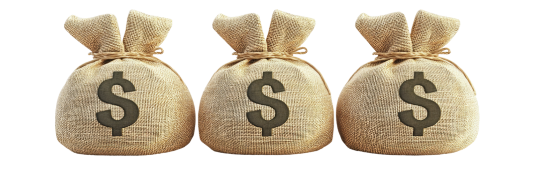 Three money bags, each containing a dollar sign