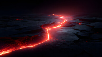 Lava River in Dark Landscape: A vibrant stream of molten lava snake through a rugged, dark landscape, its fiery glow creating a striking contrast against the surrounding shadows.