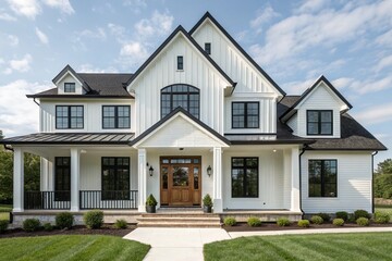 Obraz premium Modern farmhouse home with white siding, black trim, large windows, and manicured lawn. Elegant architecture ideal for real estate listings, suburb housing, or residential promotion.