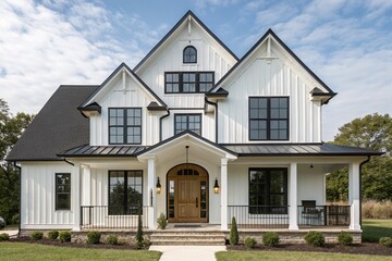 Modern farmhouse home with white siding, black trim, large windows, and manicured lawn. Elegant architecture ideal for real estate listings, suburb housing, or residential promotion.