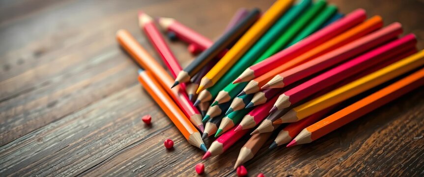 A scattering of vibrant, yet dull colored pencils lay dejectedly on a wooden table, illustration, object