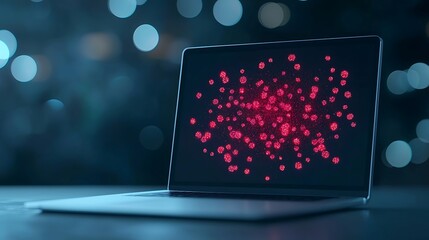 Laptop Screen Shows Red Particle Cluster with Bokeh Lights Background