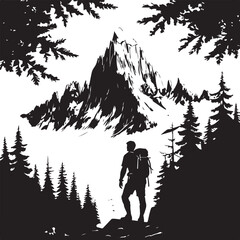 Silhouette Illustration of a Hiker with Trekking Poles Facing a Snow-Covered Mountain Peak  

