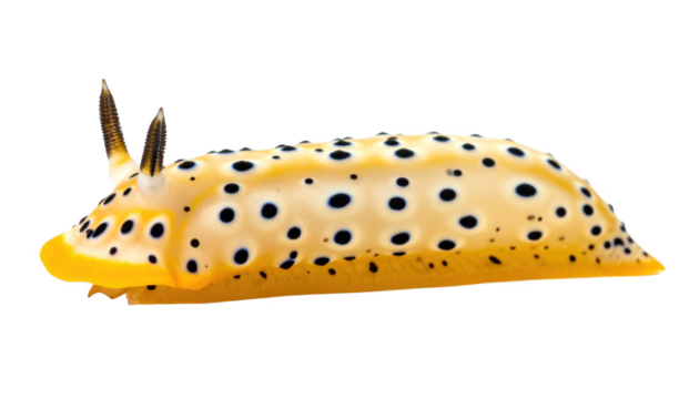 Spotted yellow sea slug close up isolated on transparent background