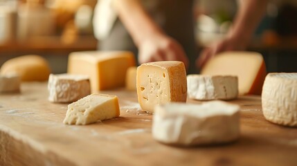 Fototapeta premium Gourmet Cheese Selection on Wooden Board , Artisanal Variety