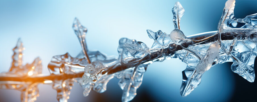 Ice-coated branch glistens under soft winter light in a tranquil outdoor setting - Powered by Adobe