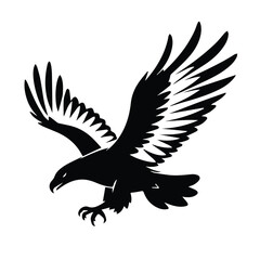 Obraz premium Black and white silhouette of a soaring eagle in flight. Powerful airborne predator in a bold, graphic style. Wildlife graphic design element for diverse uses -